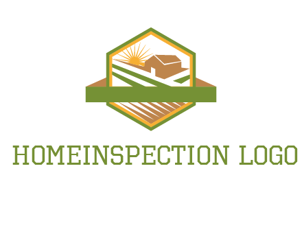 ribbon around sun and barn house with fields in hexagon farm logo