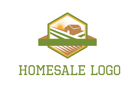 ribbon around sun and barn house with fields in hexagon farm logo