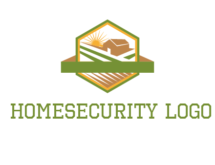 ribbon around sun and barn house with fields in hexagon farm logo