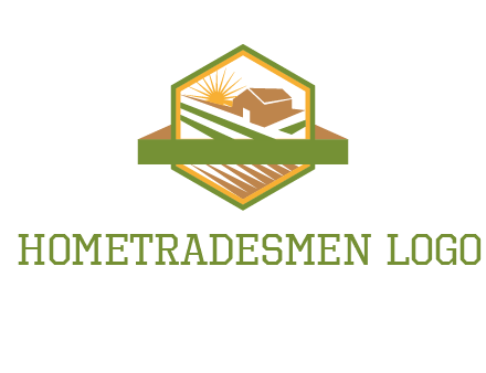 ribbon around sun and barn house with fields in hexagon farm logo