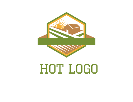 ribbon around sun and barn house with fields in hexagon farm logo