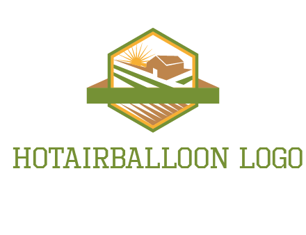 ribbon around sun and barn house with fields in hexagon farm logo