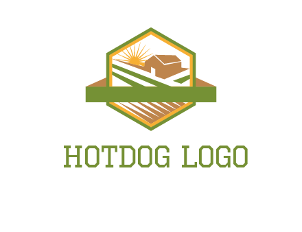 ribbon around sun and barn house with fields in hexagon farm logo