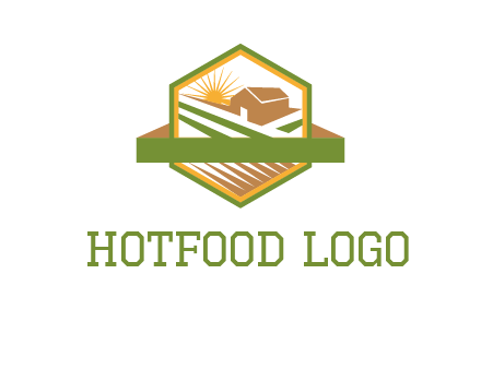 ribbon around sun and barn house with fields in hexagon farm logo