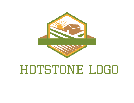 ribbon around sun and barn house with fields in hexagon farm logo