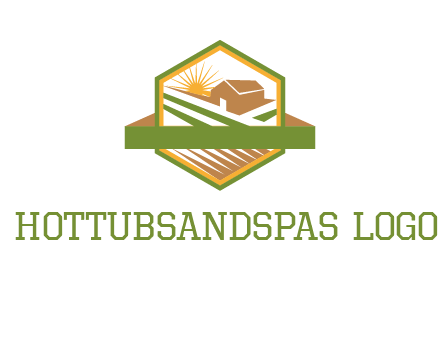ribbon around sun and barn house with fields in hexagon farm logo