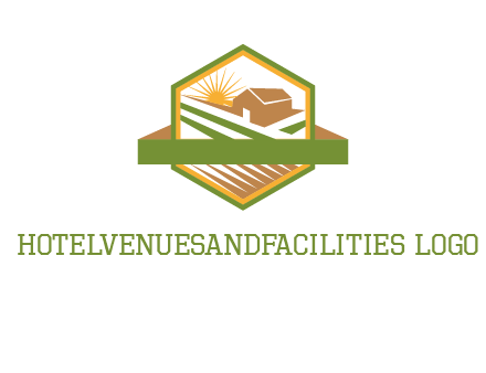 ribbon around sun and barn house with fields in hexagon farm logo