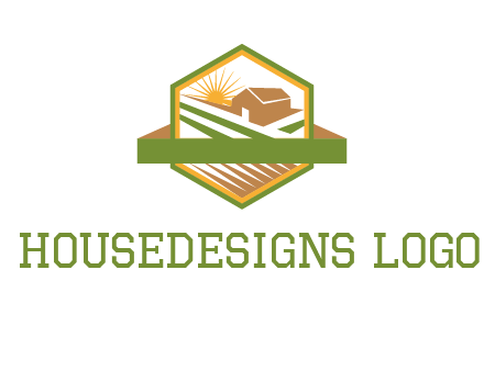 ribbon around sun and barn house with fields in hexagon farm logo