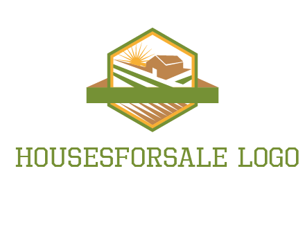 ribbon around sun and barn house with fields in hexagon farm logo