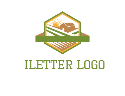 ribbon around sun and barn house with fields in hexagon farm logo