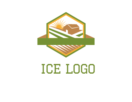 ribbon around sun and barn house with fields in hexagon farm logo