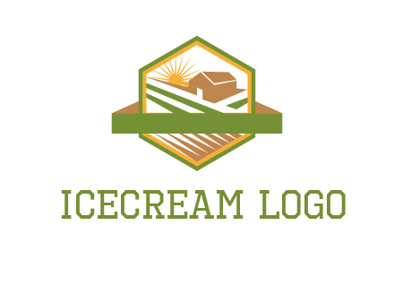 ribbon around sun and barn house with fields in hexagon farm logo