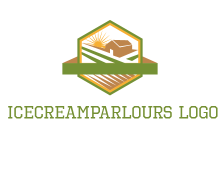 ribbon around sun and barn house with fields in hexagon farm logo