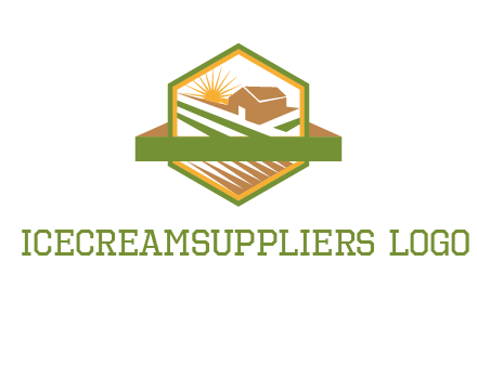 ribbon around sun and barn house with fields in hexagon farm logo