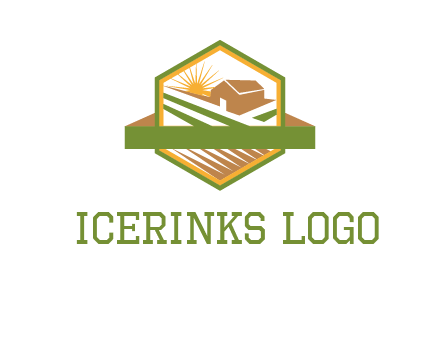 ribbon around sun and barn house with fields in hexagon farm logo
