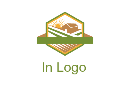 ribbon around sun and barn house with fields in hexagon farm logo