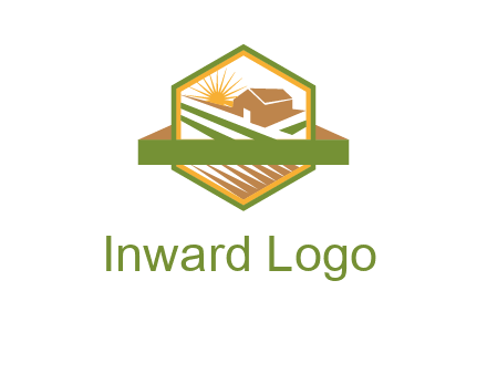 ribbon around sun and barn house with fields in hexagon farm logo