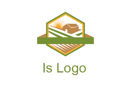 ribbon around sun and barn house with fields in hexagon farm logo