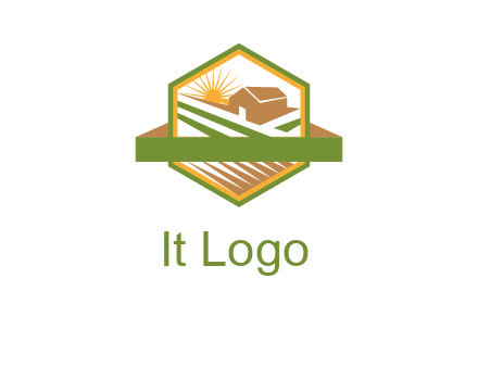 ribbon around sun and barn house with fields in hexagon farm logo