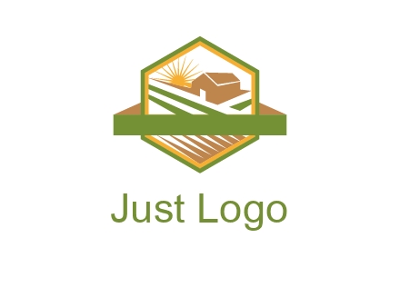 ribbon around sun and barn house with fields in hexagon farm logo