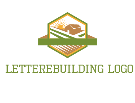 ribbon around sun and barn house with fields in hexagon farm logo
