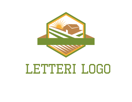 ribbon around sun and barn house with fields in hexagon farm logo