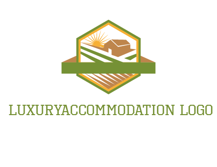 ribbon around sun and barn house with fields in hexagon farm logo