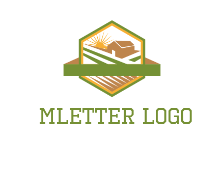 ribbon around sun and barn house with fields in hexagon farm logo