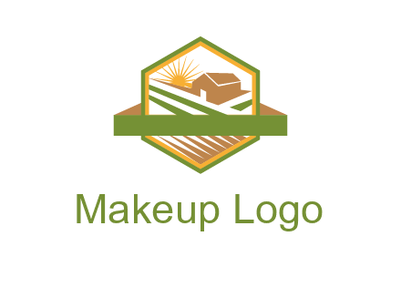 ribbon around sun and barn house with fields in hexagon farm logo
