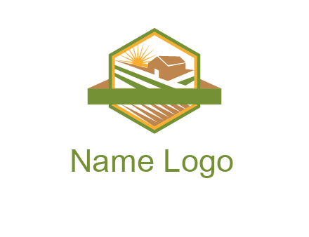 ribbon around sun and barn house with fields in hexagon farm logo