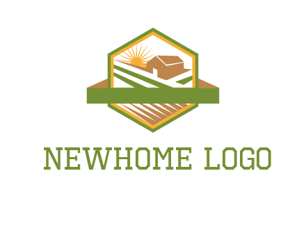 ribbon around sun and barn house with fields in hexagon farm logo