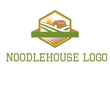 ribbon around sun and barn house with fields in hexagon farm logo