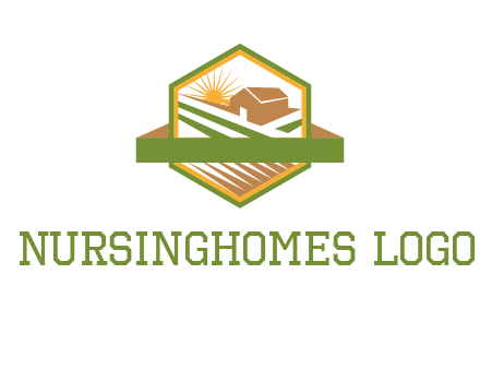 ribbon around sun and barn house with fields in hexagon farm logo