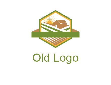 ribbon around sun and barn house with fields in hexagon farm logo