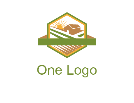 ribbon around sun and barn house with fields in hexagon farm logo