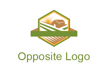 ribbon around sun and barn house with fields in hexagon farm logo