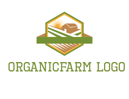 ribbon around sun and barn house with fields in hexagon farm logo