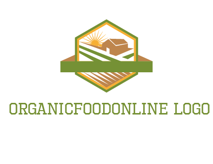 ribbon around sun and barn house with fields in hexagon farm logo