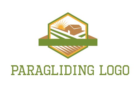 ribbon around sun and barn house with fields in hexagon farm logo