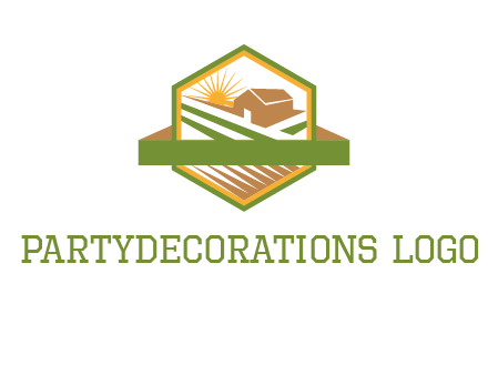 ribbon around sun and barn house with fields in hexagon farm logo