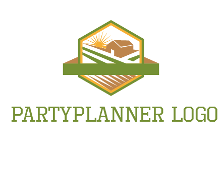 ribbon around sun and barn house with fields in hexagon farm logo