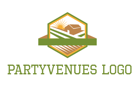 ribbon around sun and barn house with fields in hexagon farm logo
