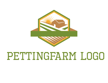ribbon around sun and barn house with fields in hexagon farm logo