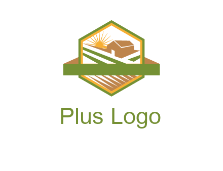 ribbon around sun and barn house with fields in hexagon farm logo