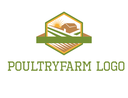 ribbon around sun and barn house with fields in hexagon farm logo