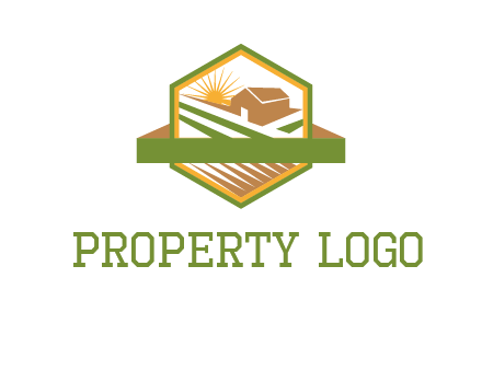 ribbon around sun and barn house with fields in hexagon farm logo