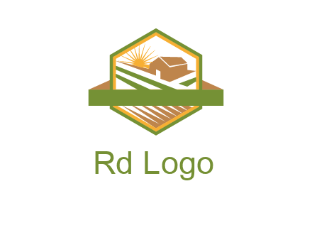 ribbon around sun and barn house with fields in hexagon farm logo