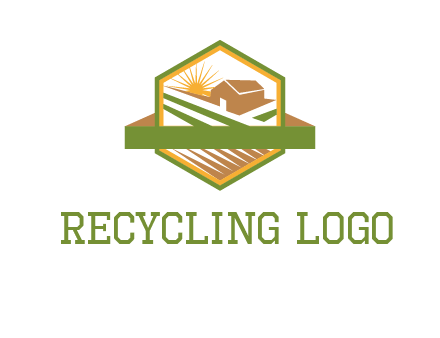 ribbon around sun and barn house with fields in hexagon farm logo