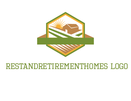 ribbon around sun and barn house with fields in hexagon farm logo