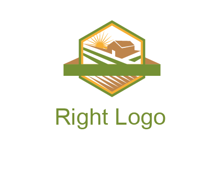 ribbon around sun and barn house with fields in hexagon farm logo